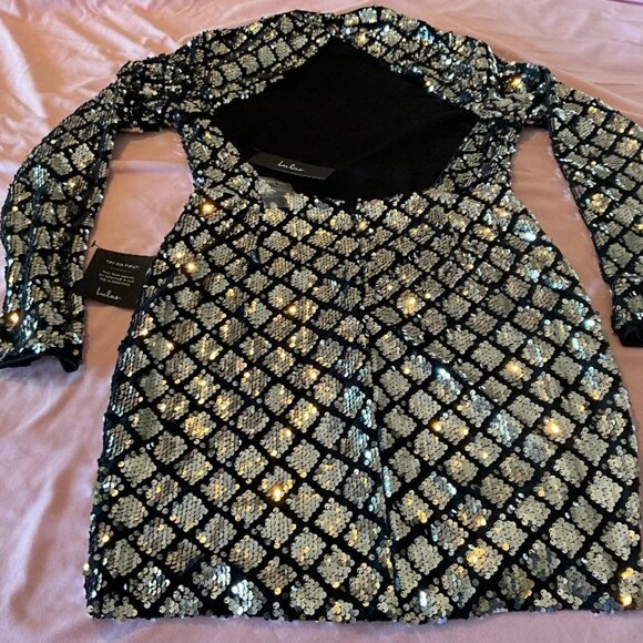 LULU'S Silver Sequin & Black Velvet Backless Bodycon Mini Dress NWT Size L - Picture 8 of 9